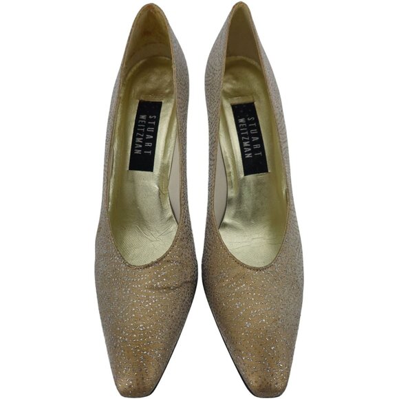 Stuart Weitzman Gold Silver Sparkly Fabric Pumps Women 8.5AAAA Dress Shoes Heels - Picture 12 of 16